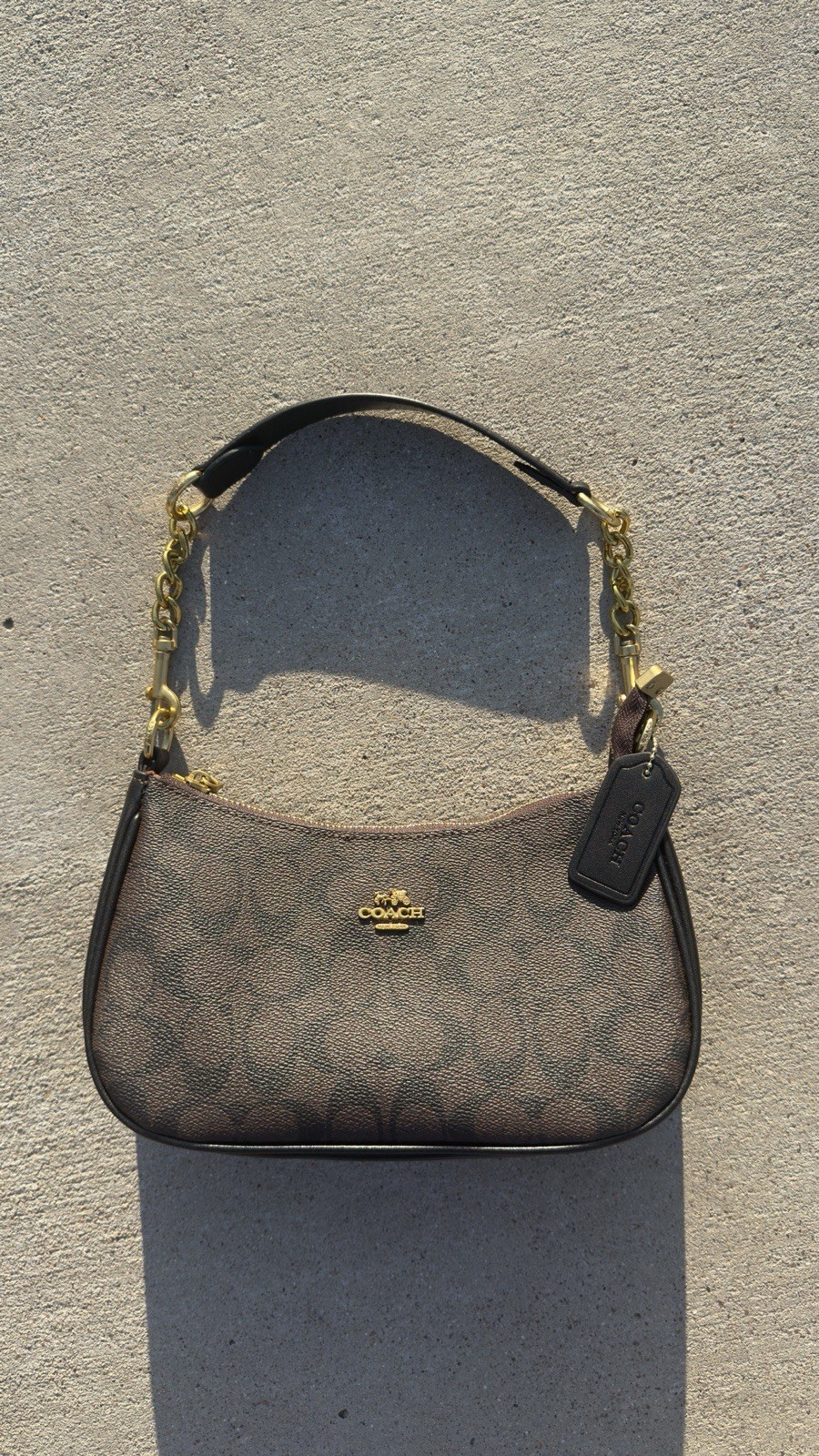 COACH Teri Shoulder Bag In Signature Canvas Walnut Black Brand New