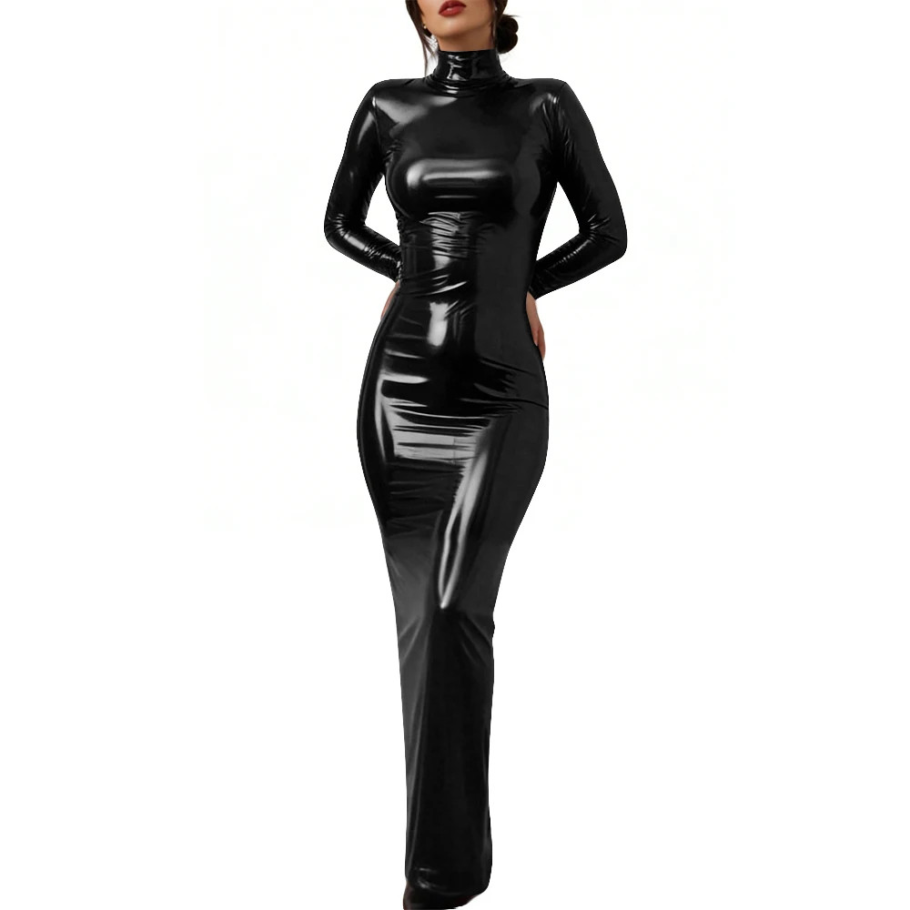 Glossy PVC Leather Lockable Dress Cosplay Maxi Dress Sexy Bodycon Party Gown