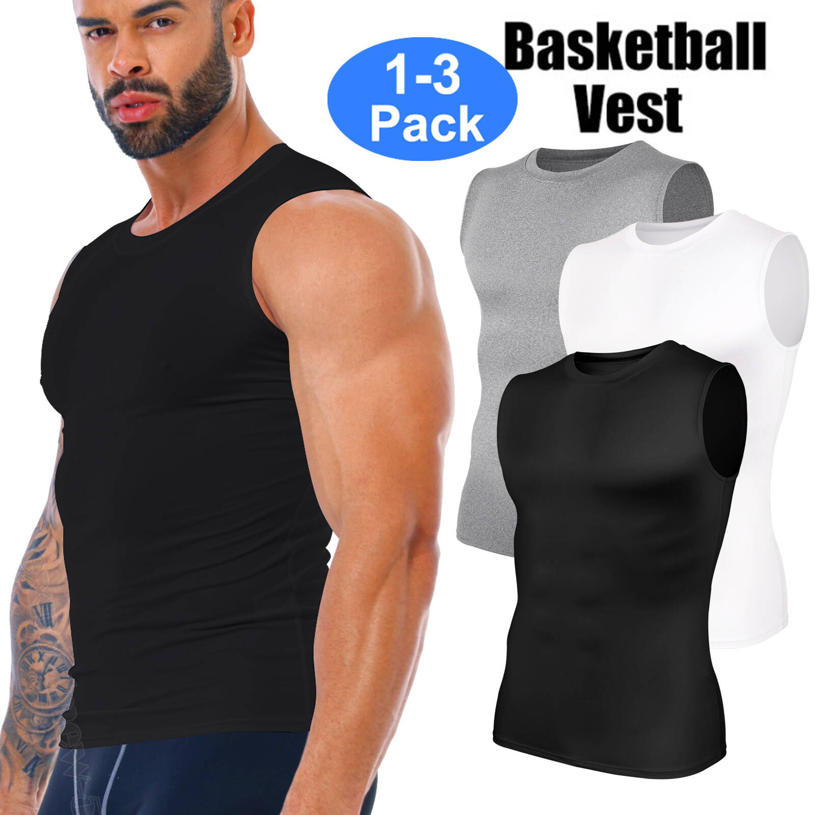 3PCS Mens Compression Sport Vest Tight Tank Base Layer Sleeveless Top Singlet