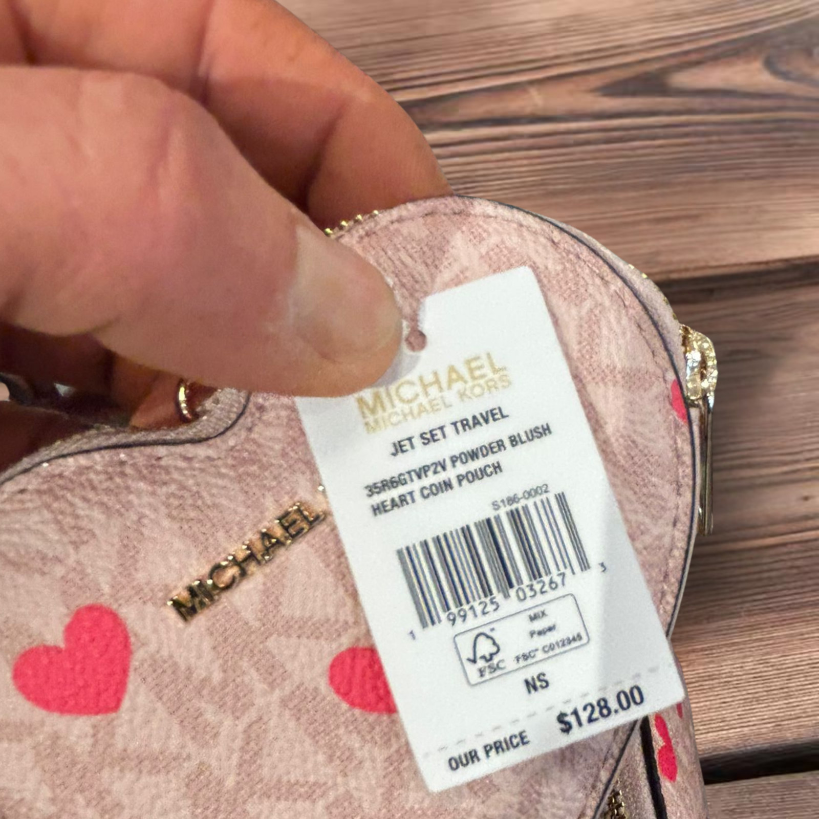 Michael Kors Jet Set Lady Small Printed MK Logo Heart Coin Pouch Ring Fob Wallet