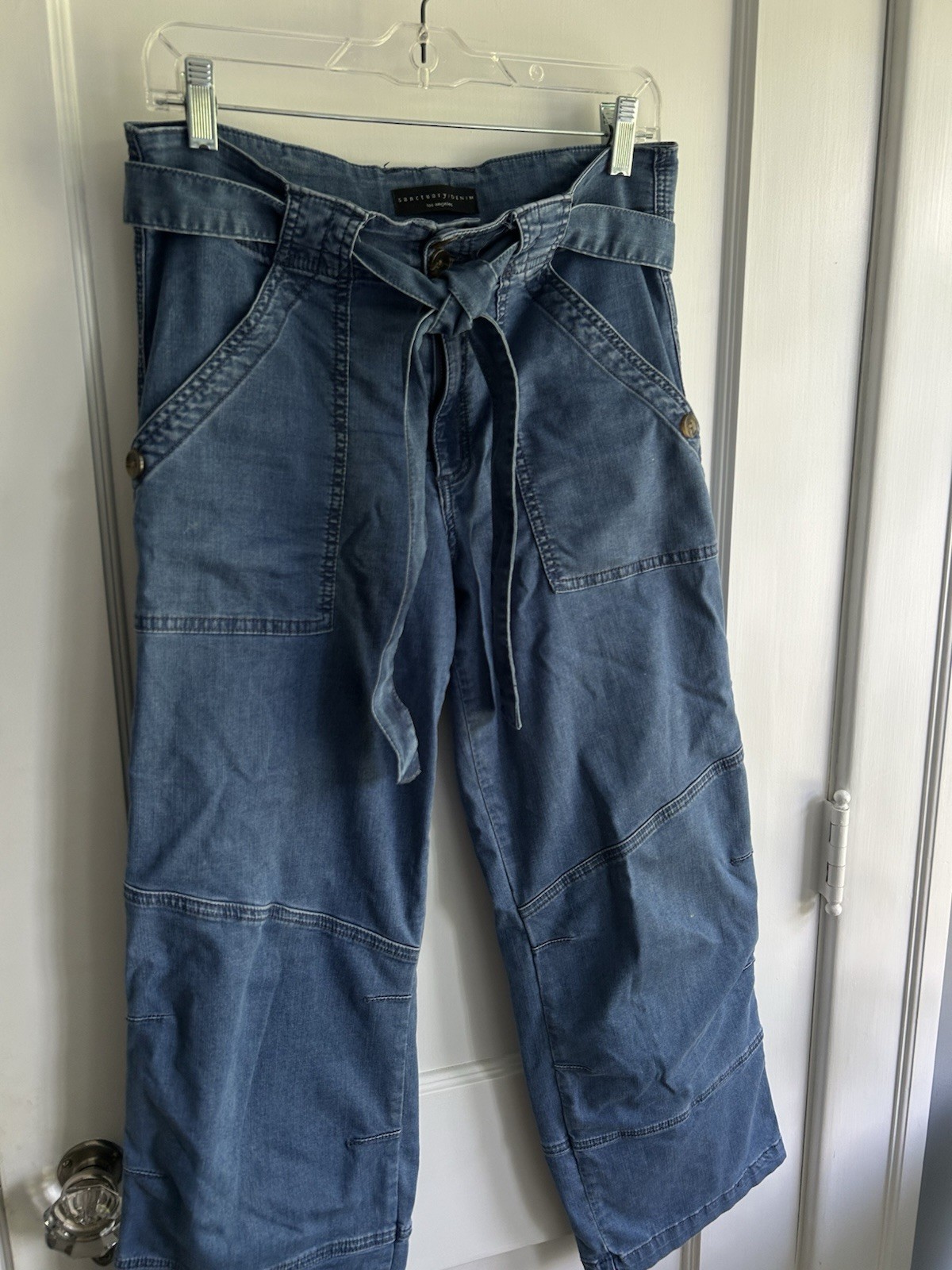 Sanctuary Denim Women’s Blue Wide-Leg Denim Pants Tie Waist Pockets M Cropped