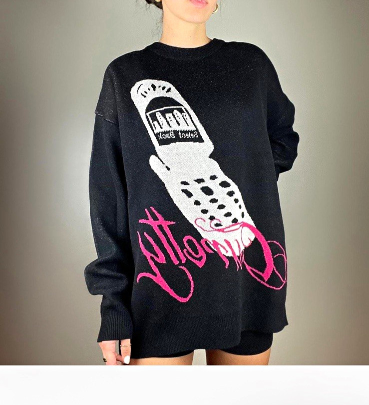 Unisex Adult L Black Acrylic Knit Pullover Sweater Crewneck Phone Graphic