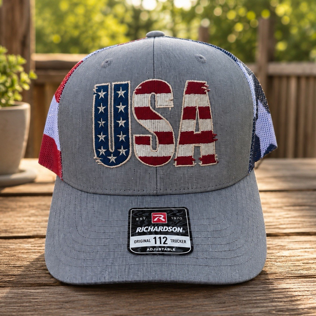 Richardson 112 Trucker Hat Gray Mesh Back Adjustable USA Flag Patch Patriotic