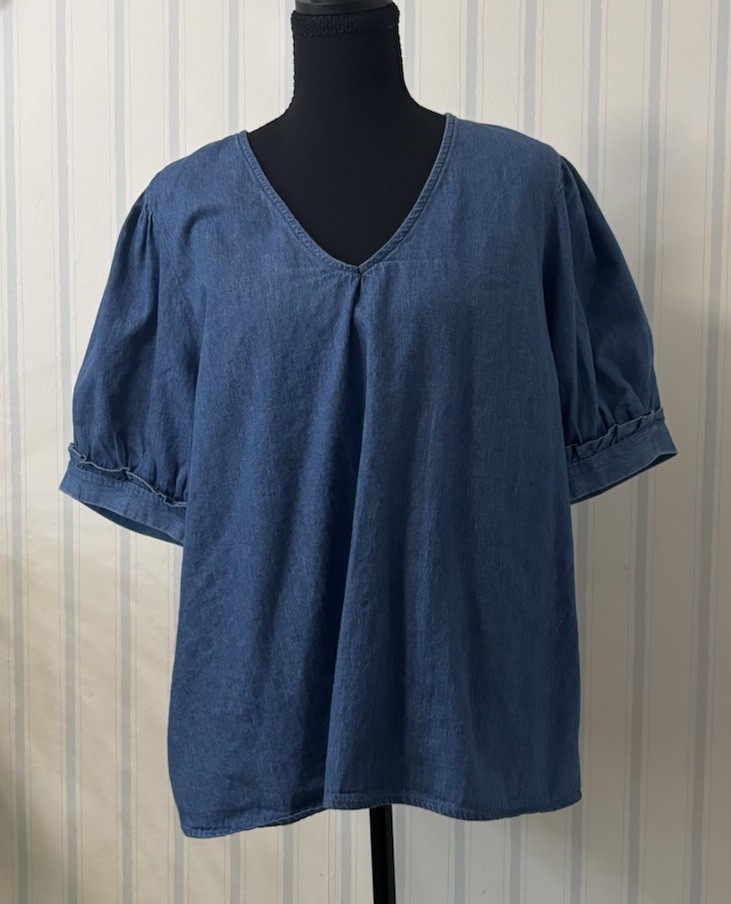 Womens Denim Chambray Top Blouse Puff Sleeve Western Casual Cowgirl XL Blue