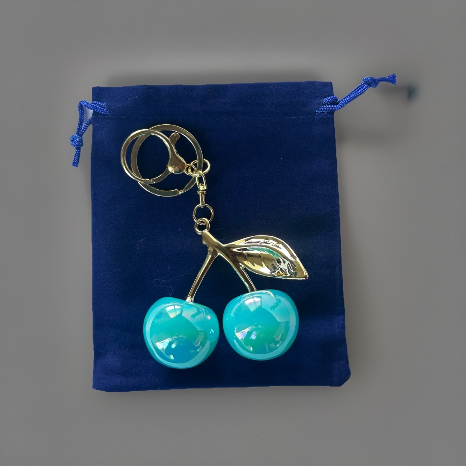 Iridescent Gloss Mirrored Cherry Bag Charms Keychain Gold + Velvet Dustbag