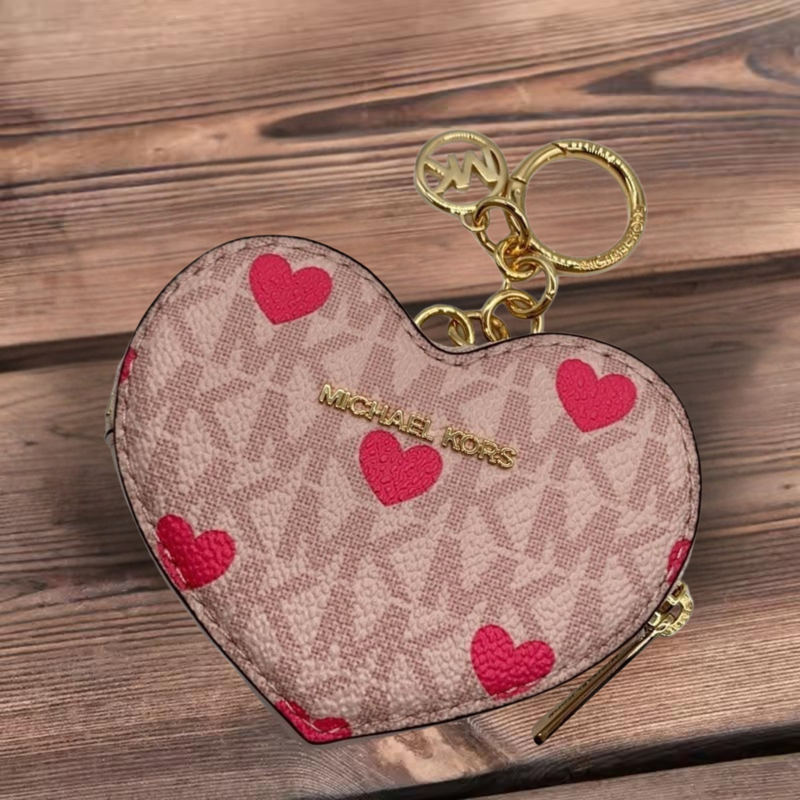 Michael Kors Jet Set Lady Small Printed MK Logo Heart Coin Pouch Ring Fob Wallet