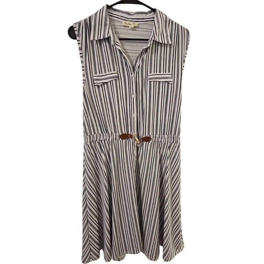 Indigo Rose Womens Medium Blue White Striped Sleeveless Belted Shirt Dress M