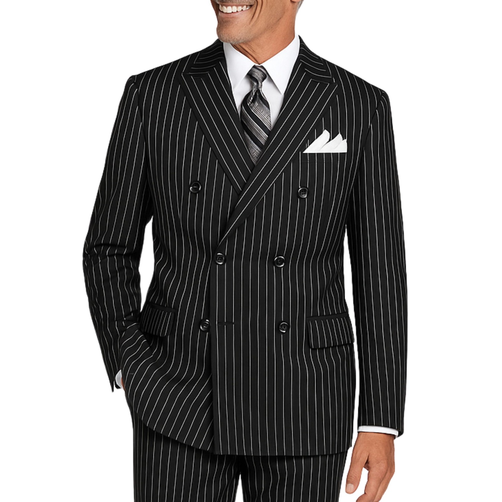 VINCI Men’s Black Pinstripe Double-Breasted Reg-Fit Suit w/ Adj Waist – NEW