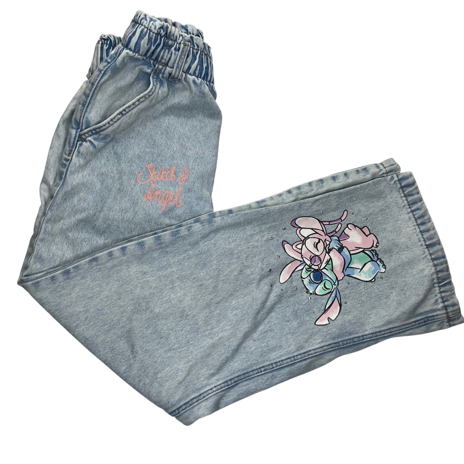 H&M Disney Stitch Angel Jeans Girls 10 Blue Denim Wide Leg Elastic Waist Graphic