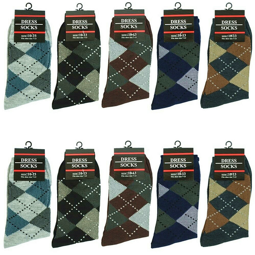 3-12 Pairs Men Argyle Crew Multi Color Business Dress Socks Cotton Size 10-13