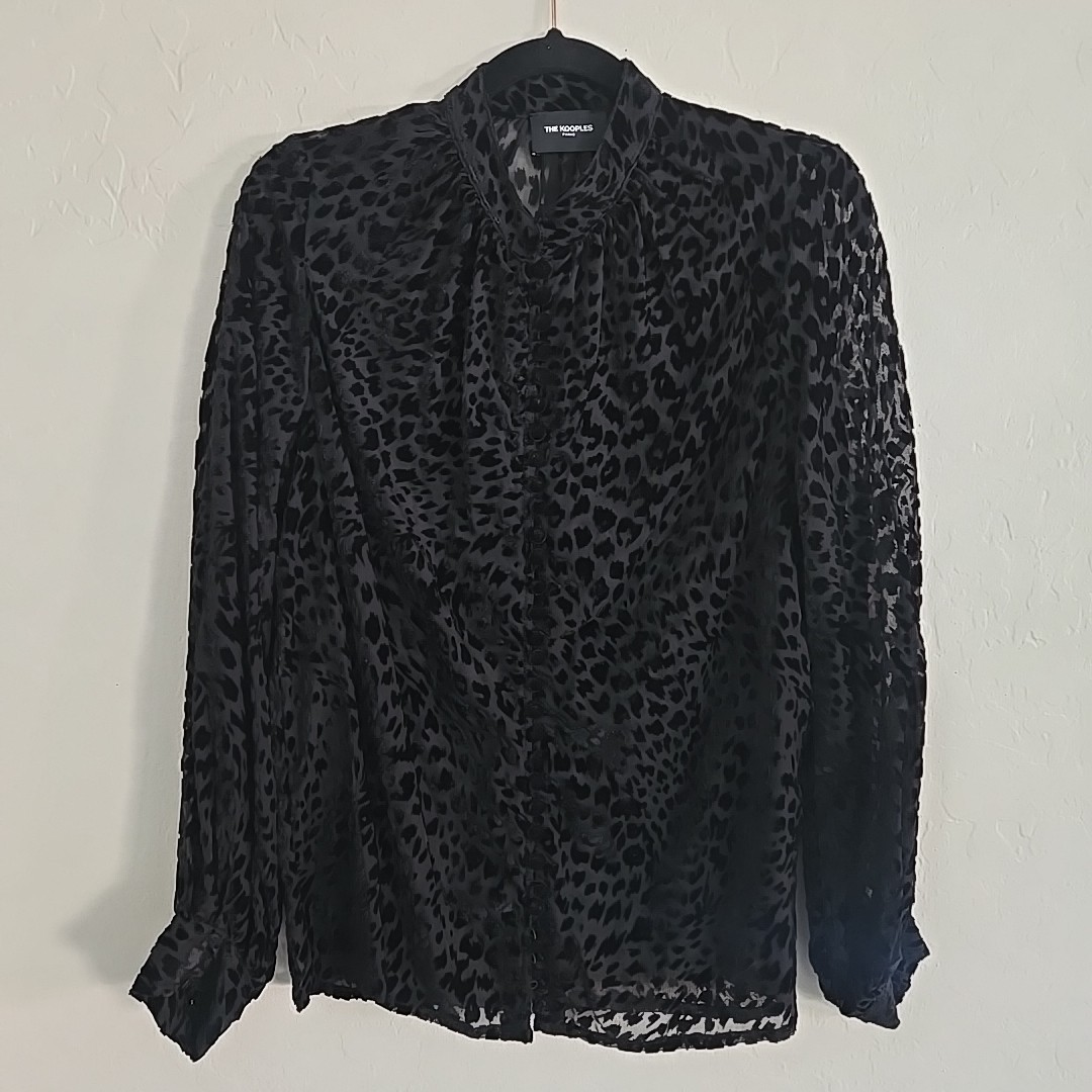 The Kooples Paris Leopard Devoré Velvet Burnout Blouse Top Black Size 2 Medium