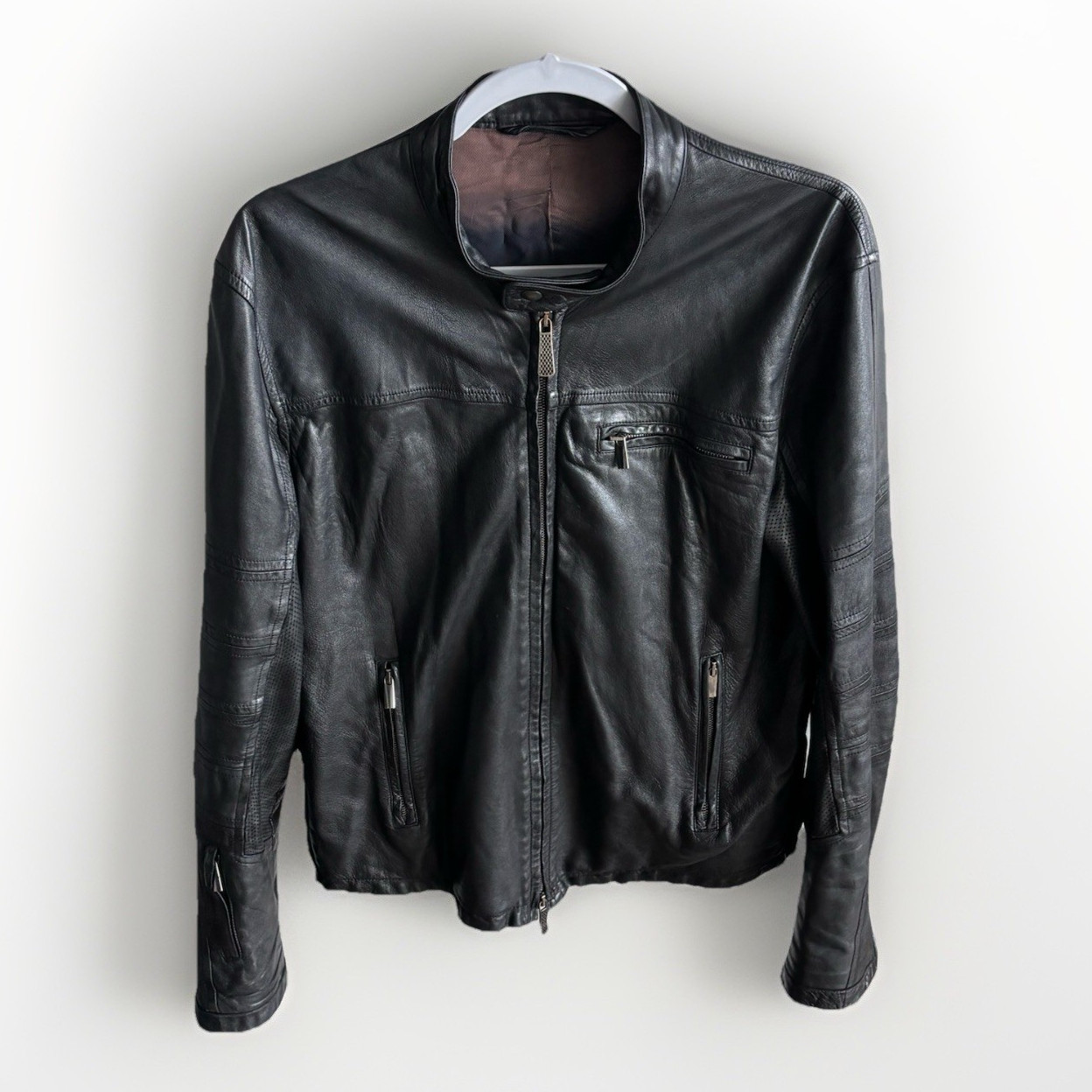 VKNAGRANI Mens Black Lambskin Leather Cafe Racer Moto Jacket Italy 48 US 38 M