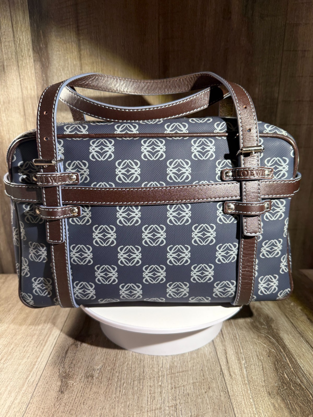 Vintage Authentic Loewe Anagram Boston Bag Blue Canvas with Brown Leather Trim