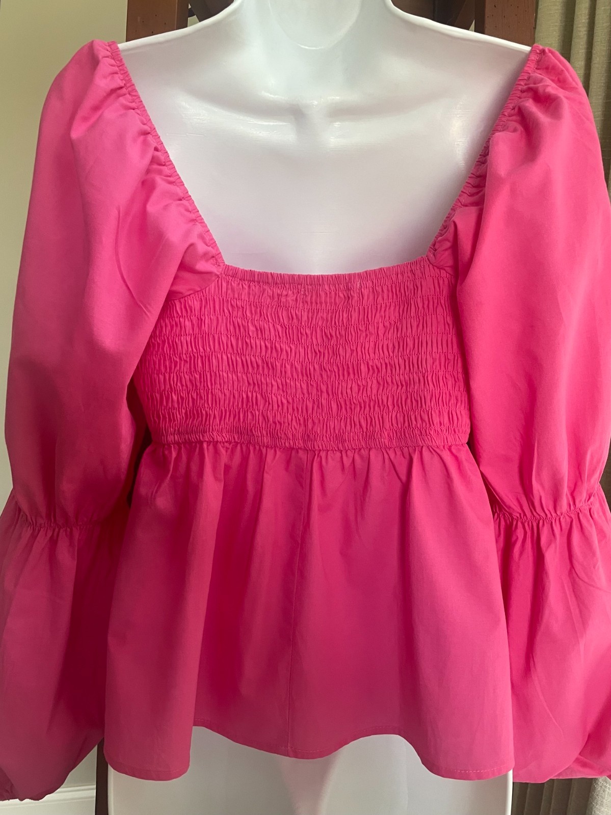 Altar’d State Hot Pink Medium Puff Sleeve Back Ribbed Babydoll Top