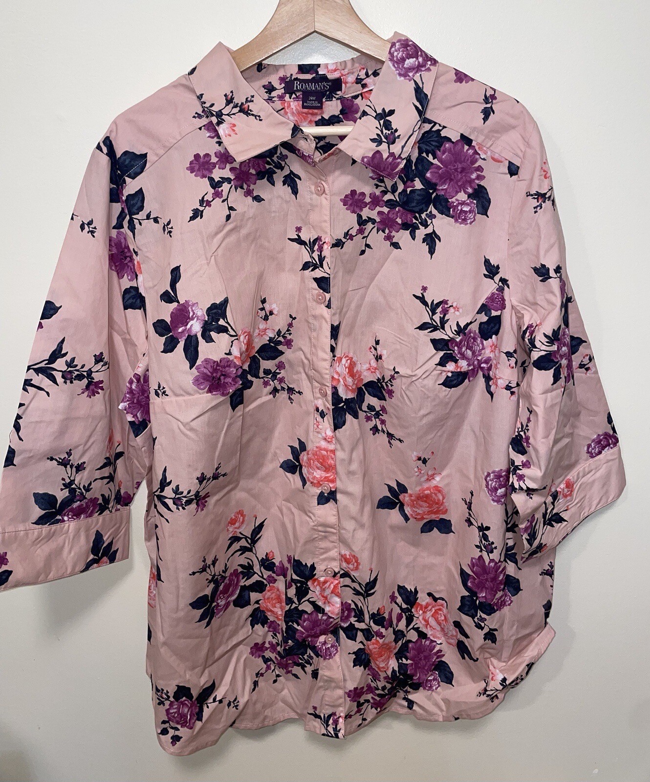 ROMAN’S Pink Floral Cotton Blend Blouse PLUS Sz 24W NEW NWOT