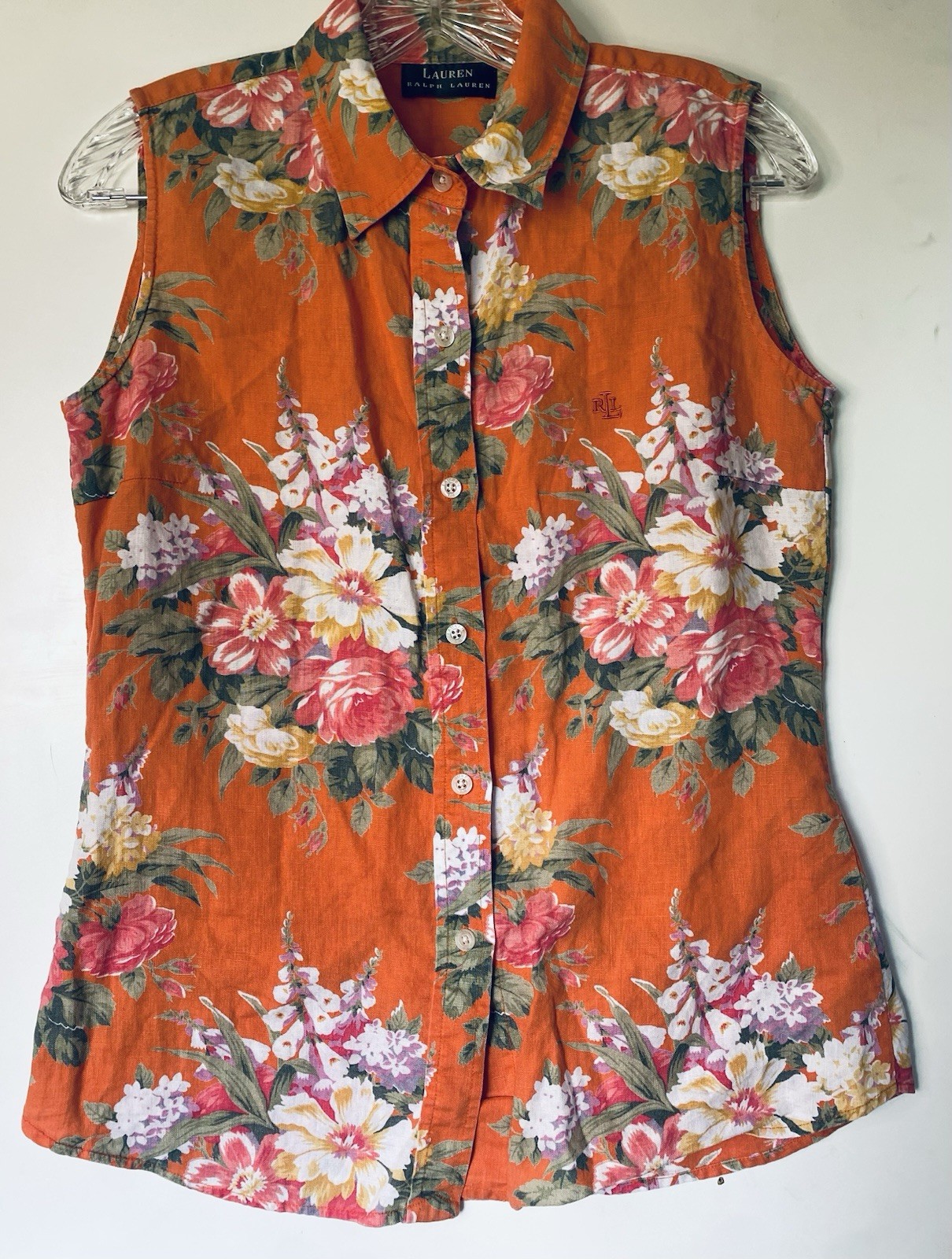 Lauren Ralph Lauren Orange Floral Linen Sleeveless Button Front Shirt Size S/M