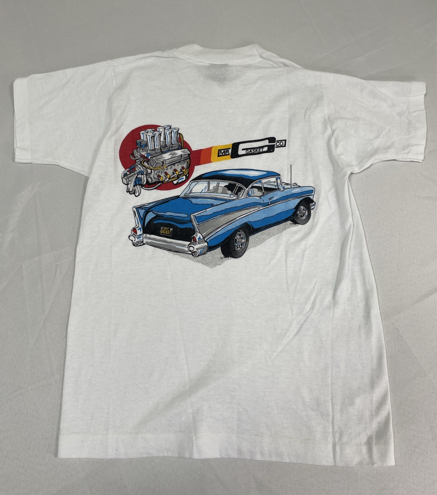 Vintage Mr Gasket Shirt Mens Small White Blue Chevy Car Graphic Drag Racing 90s