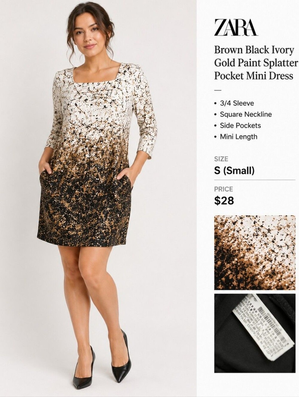 Zara Brown Black Ivory Gold Paint Splatter Pocket Mini Dress 3/4 Sleeve S