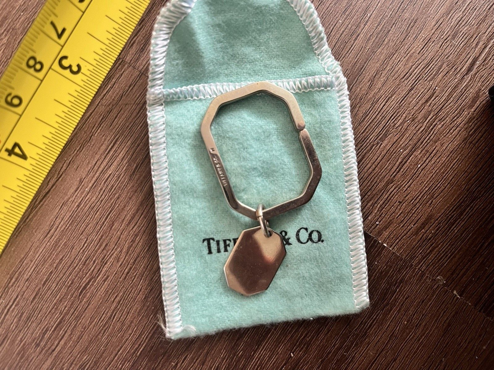 Tiffany & Co. Silver-Tone Octagon Keyring Key Chain w/ Tag, Includes Pouch