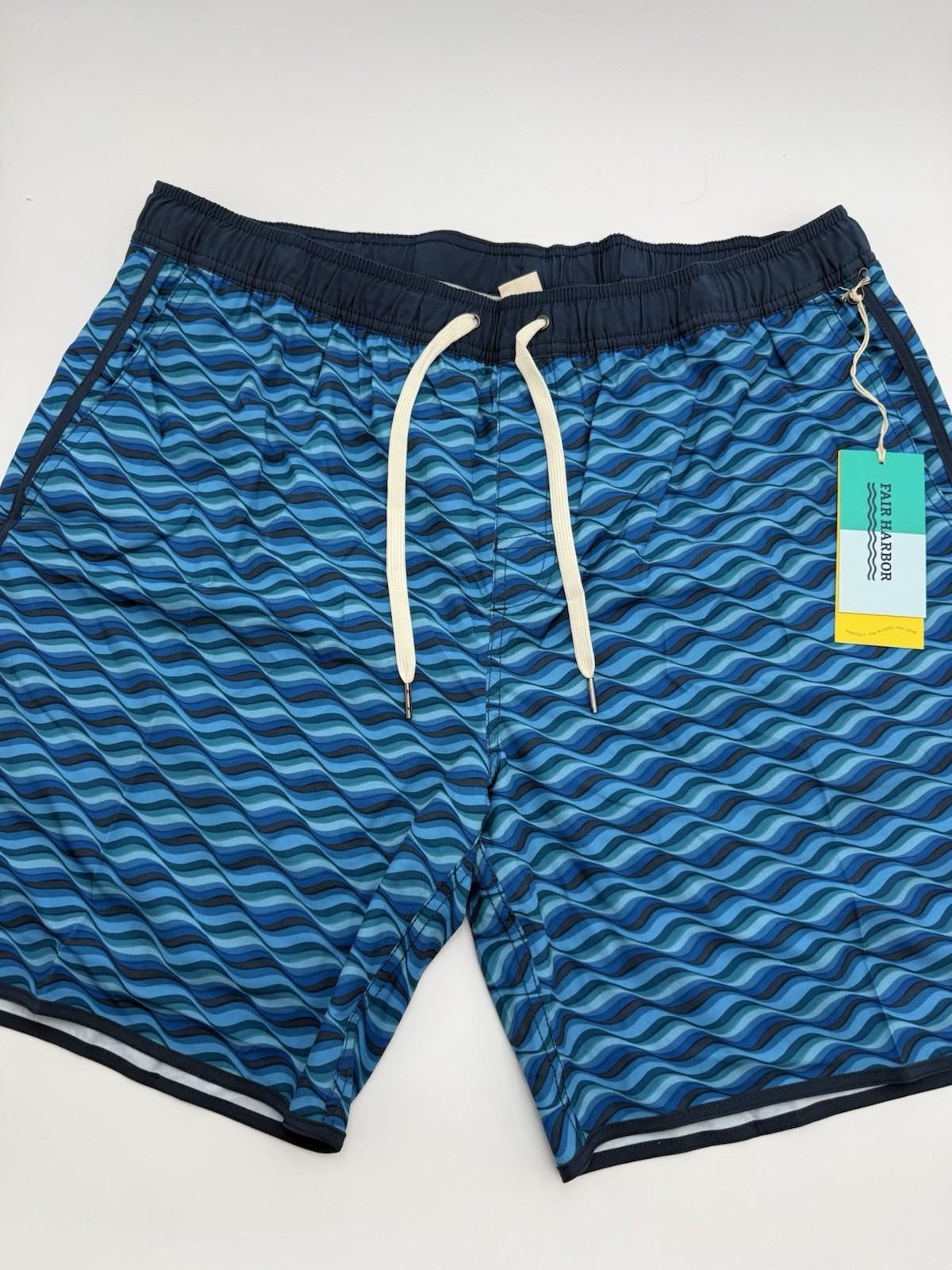 Fair Harbor Mens Swim Shorts Blue Geometric Wave Elastic Waist Drawstring SZ 3x