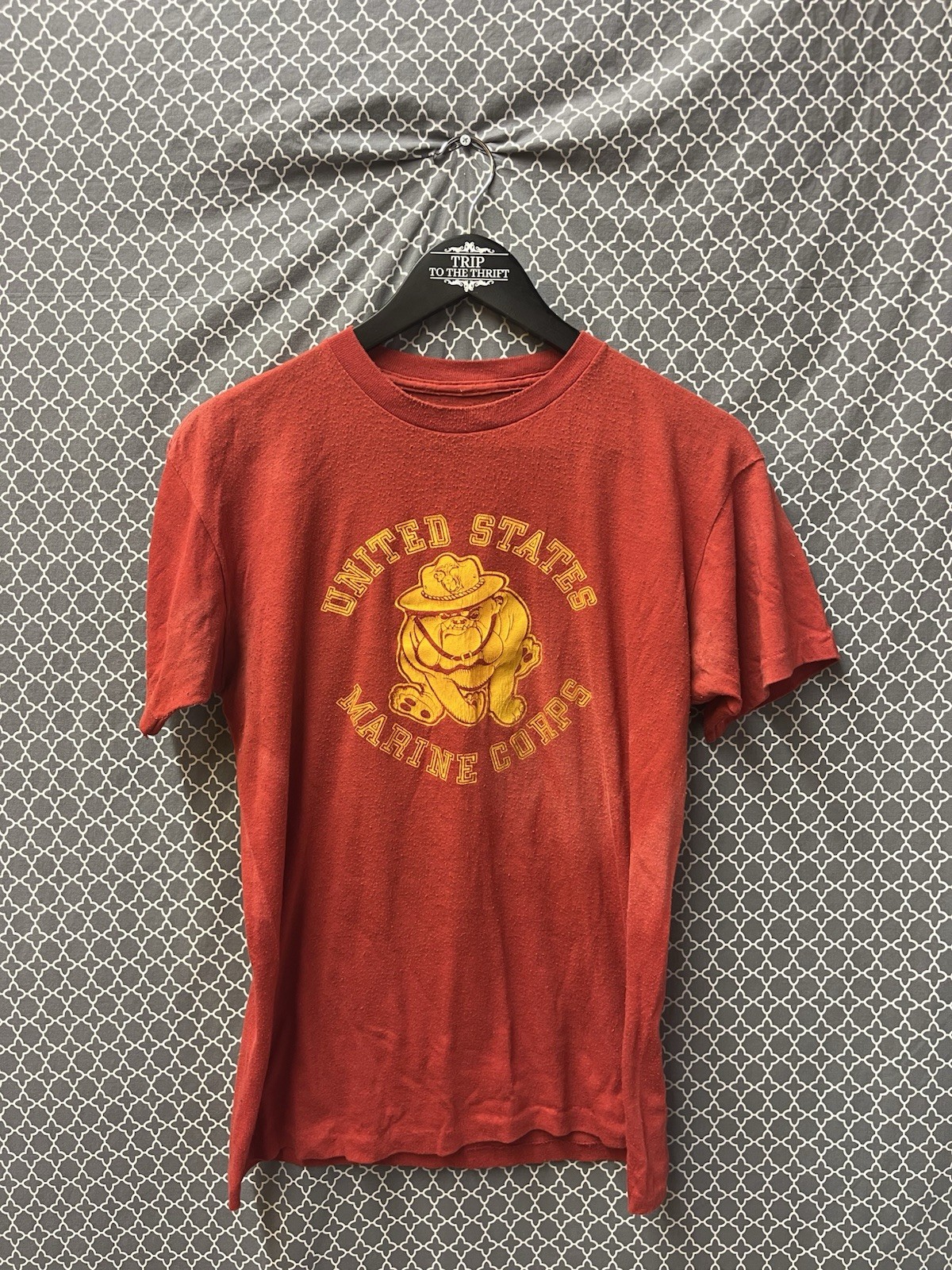 Vtg 80s US Marine Corps USMC Single Stitch T-Shirt Mens Large Red Yellow Bulldog