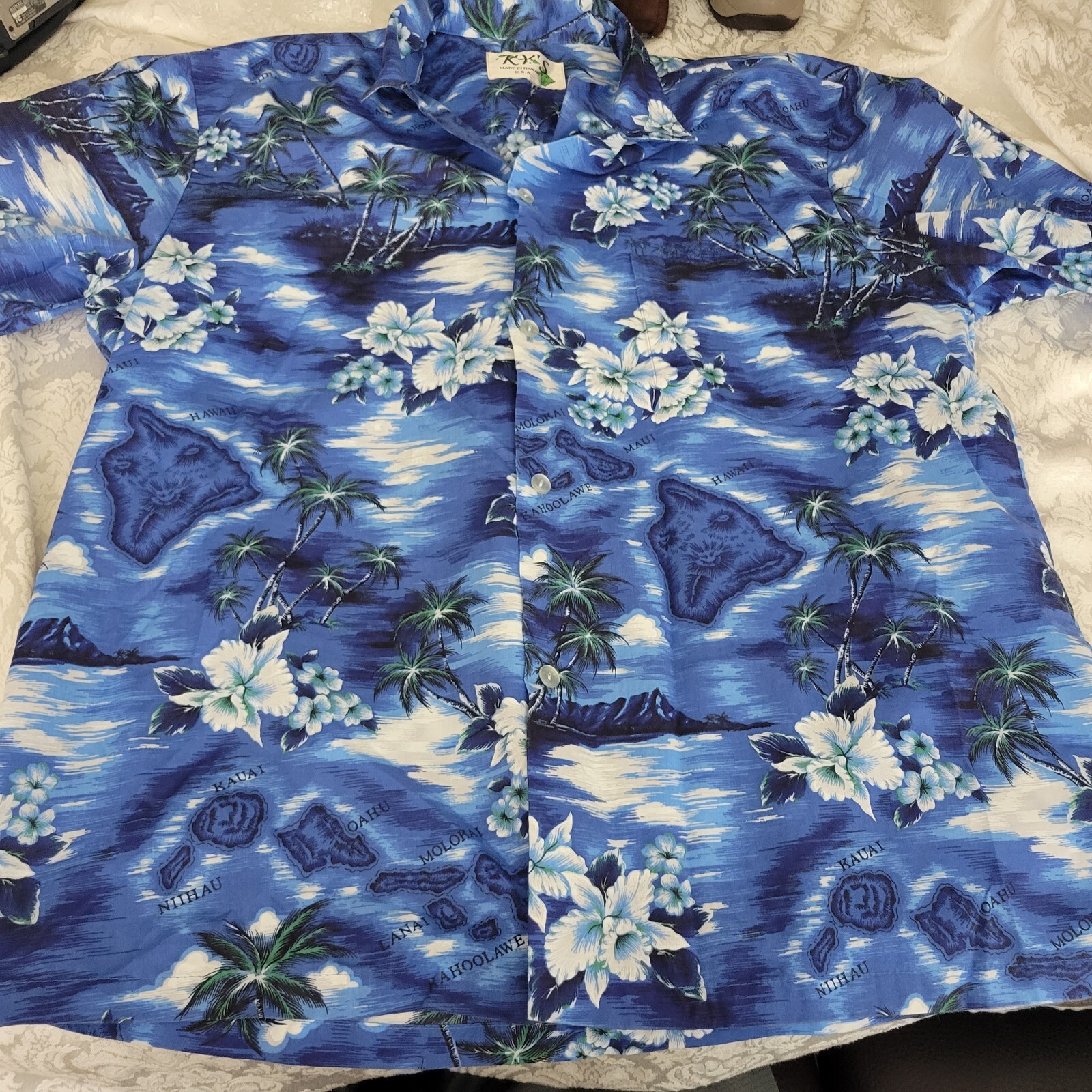 KY’s Hawaiian Shirt Aloha Flowers Palm Trees Made In Hawaii Blue Size Large L