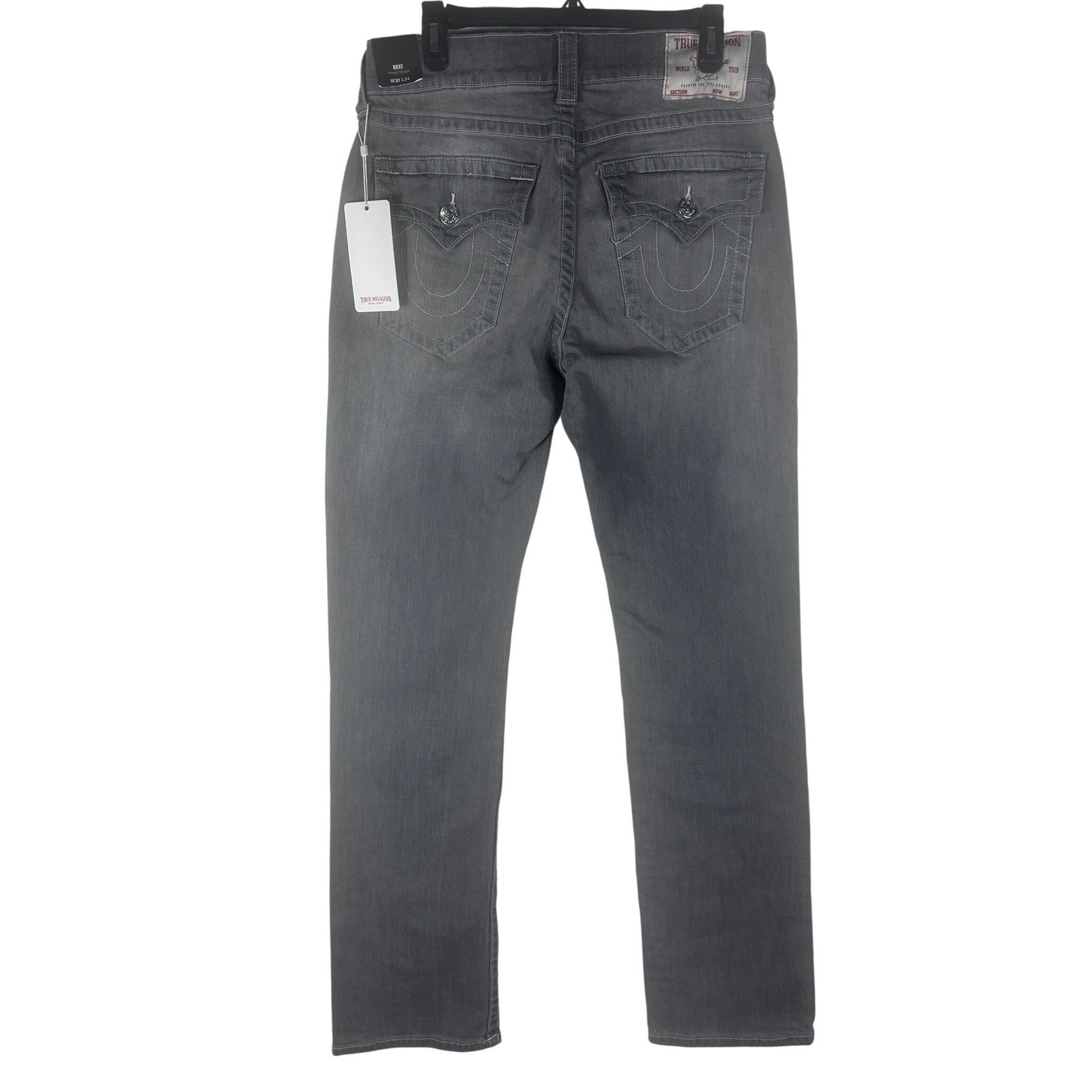 True Religion Ricky Relaxed Straight Jeans Chalk Grey Wash Flap Pocket 30×34 NEW