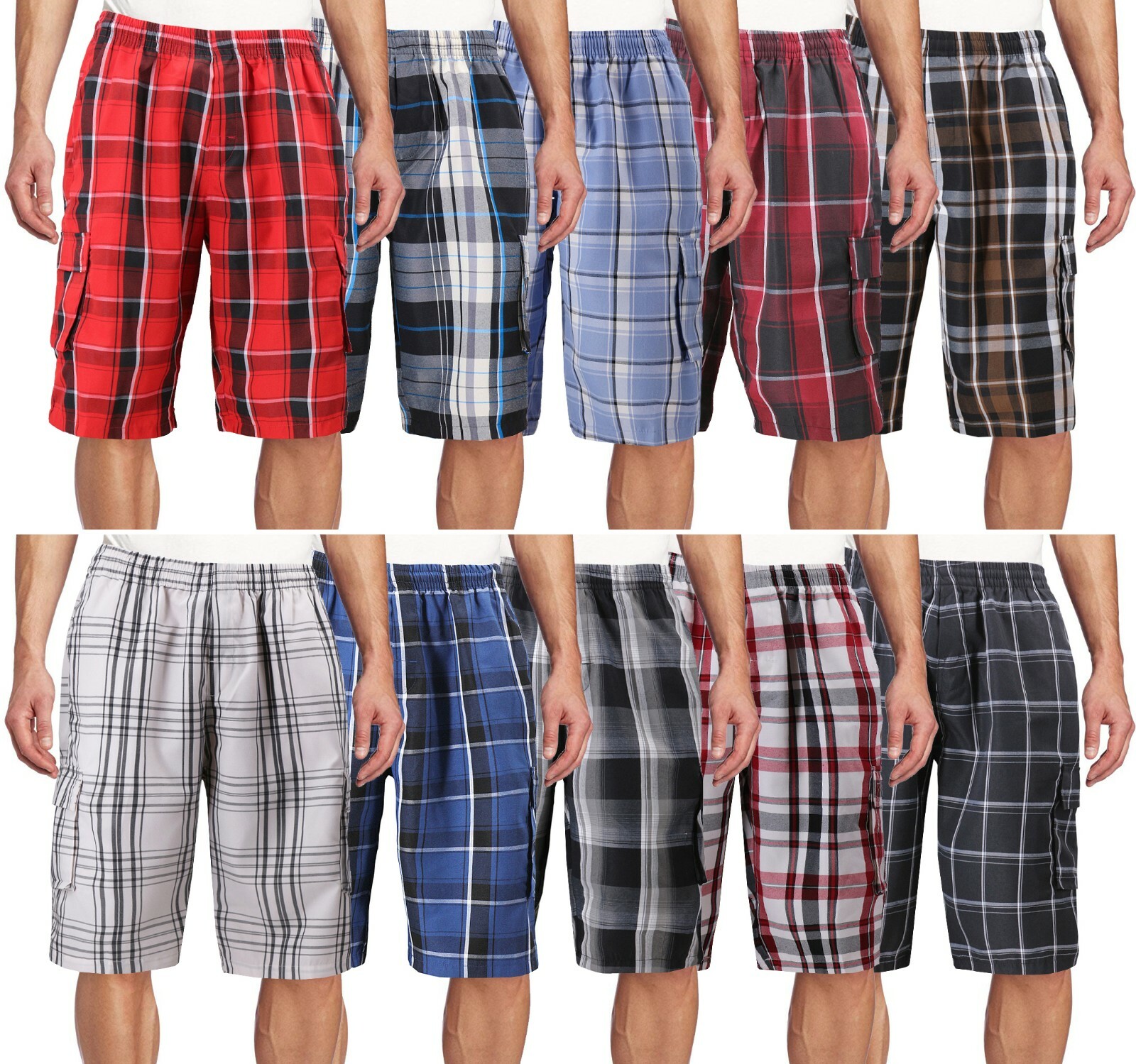 Men’s Plaid Checkered Multi Pocket Elastic Waist Lightweight Casual Cargo Shorts