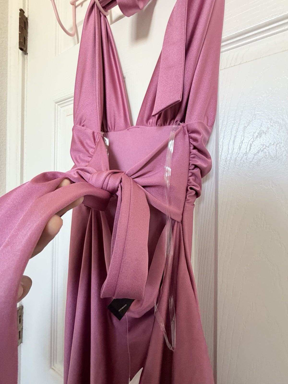 Windsor Rose Satin Halter Backless Bodycon Midi Dress Bow Tie Sleeveless S