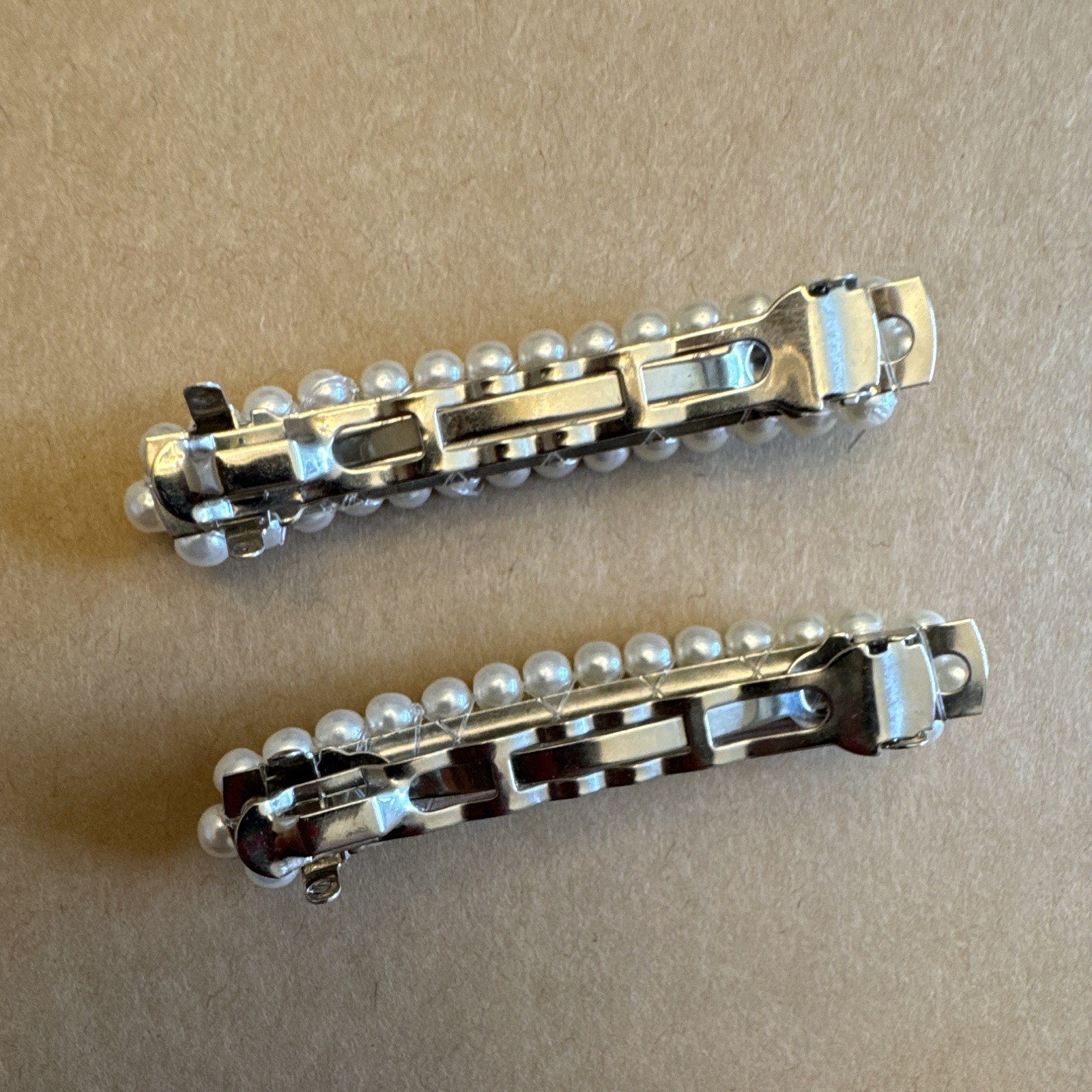 White Faux Pearl Beaded Silver Tone Rectangle Barrettes