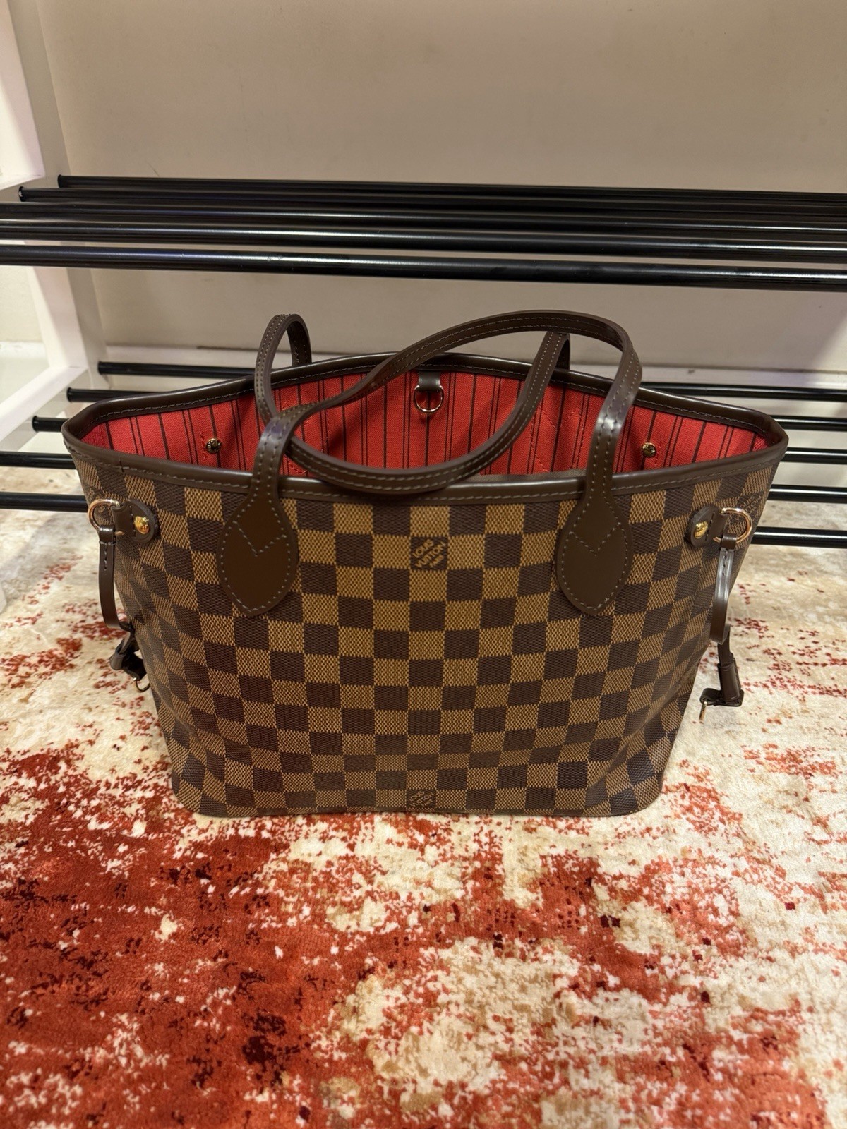 Louis Vuitton Neverfull Damier Ebene Tote PM Red Interior