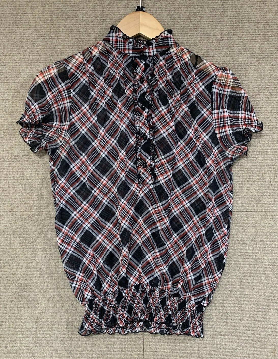 Sam & Max Tartan Plaid Smocked Neck Poplin Top Witchy Sheer Ruffles Blouse Retro