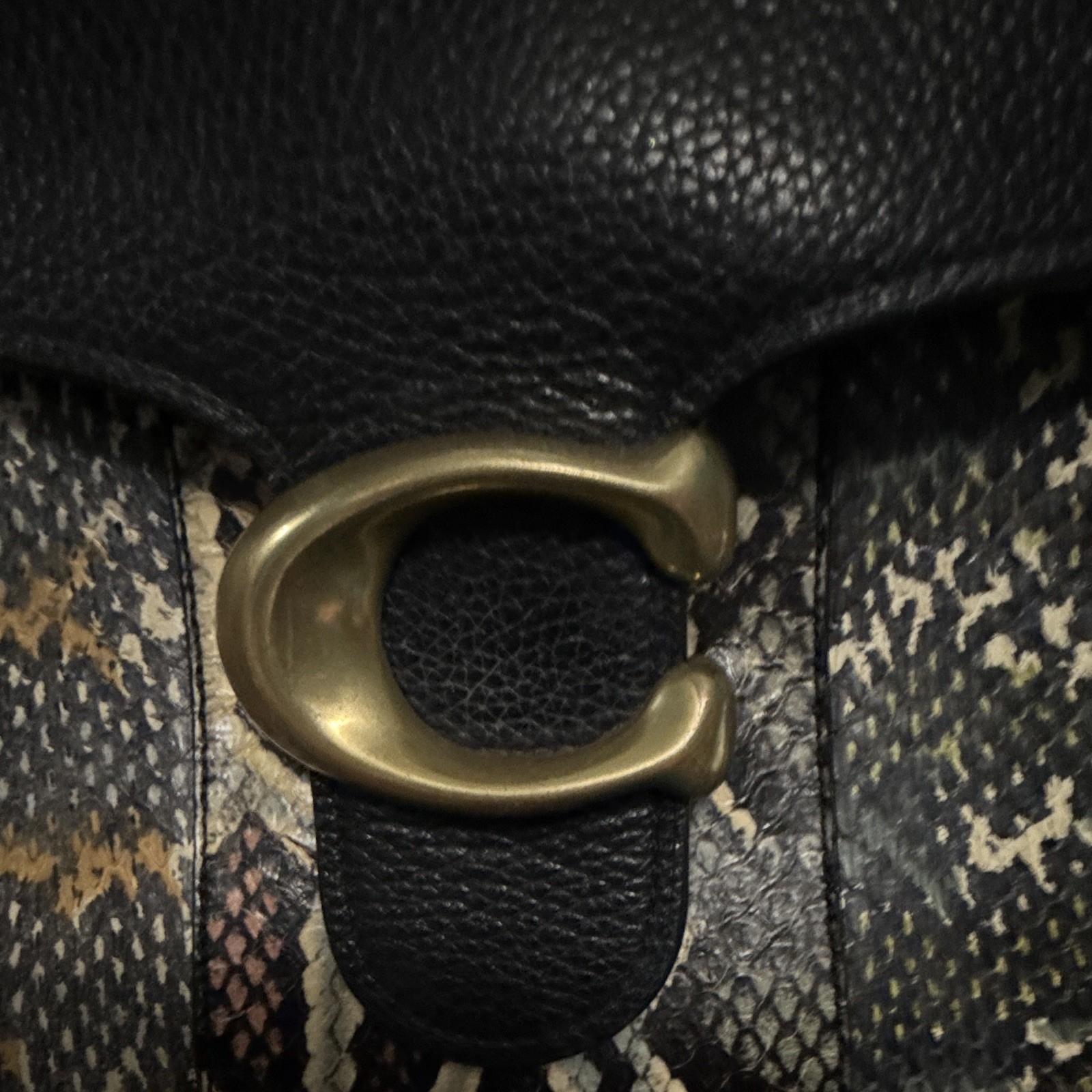 Coach Black Beige Snakeskin Medium Satchel Top Handle Turn Lock Zip Gold