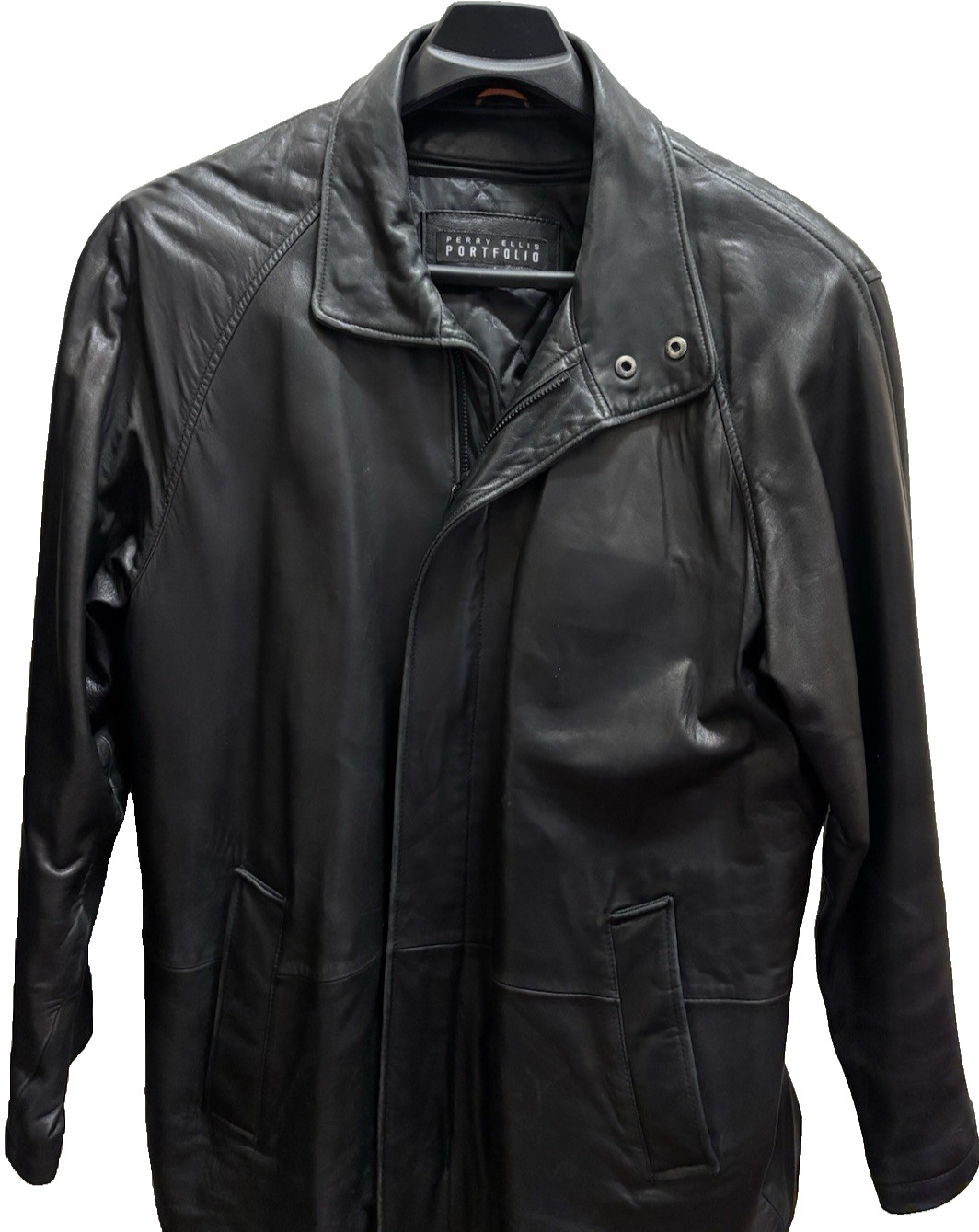 Perry Ellis Black Leather Jacket Mens Zipper & Snap Closure Quilted Lining L