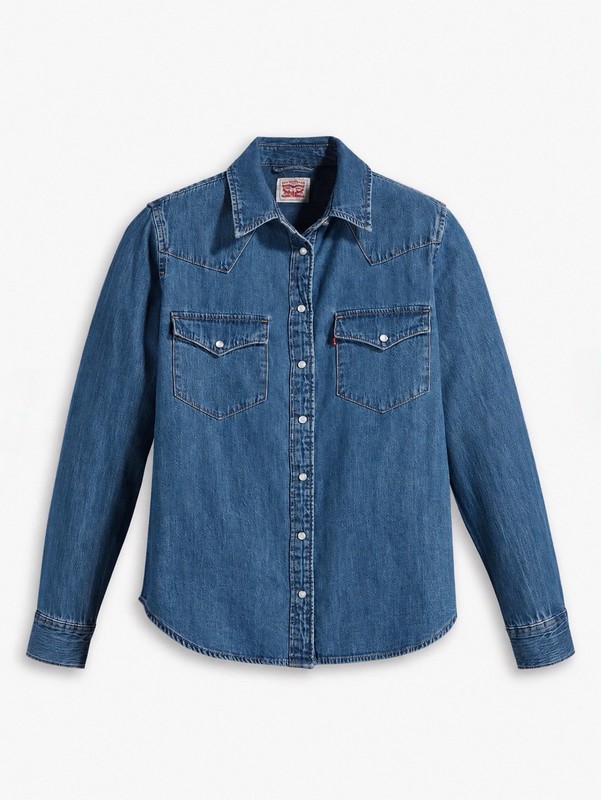 Levi’s Ultimate Western Denim Shirt Womens L Blue Stretch Pearl Snap NWT