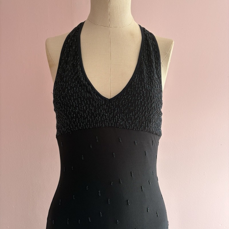 VintageCache Black Beaded V-Neck Halter Long Maxi Dress Pullover Size S