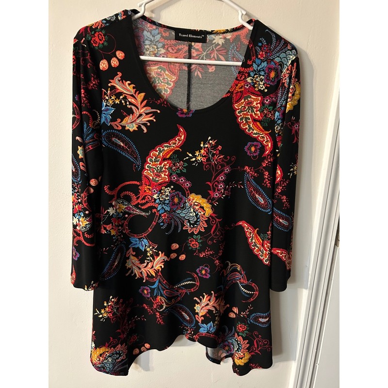 Travel Elements Womens Paisley Floral Sharkbite Hem Tunic Top Black Size M
