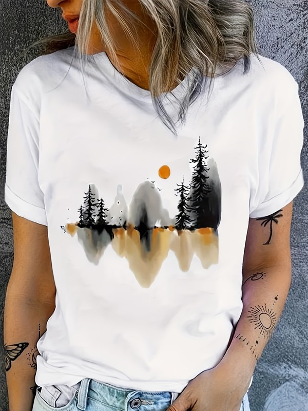 Mountain Lake Reflection T-Shirt | Artistic Nature Watercolor Graphic Tee
