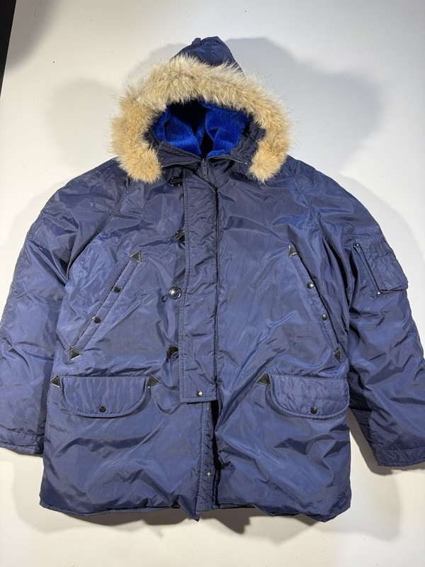 Vintage N-3B Snorkel Parka Jacket Mens XL Navy Blue Fur Hood Down Antler