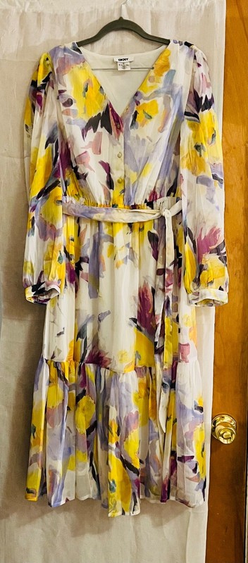 DKNY Yellow Purple Abstract Print Long Sleeve Belted Midi Dress Size 6