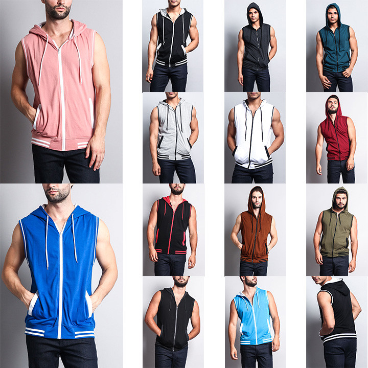 MEN’S Lightweight Sleeveless Gym Fitness Zipper Contrast Vest Hoodie Th890-A1H