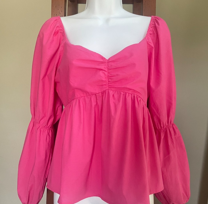 Altar’d State Hot Pink Medium Puff Sleeve Back Ribbed Babydoll Top