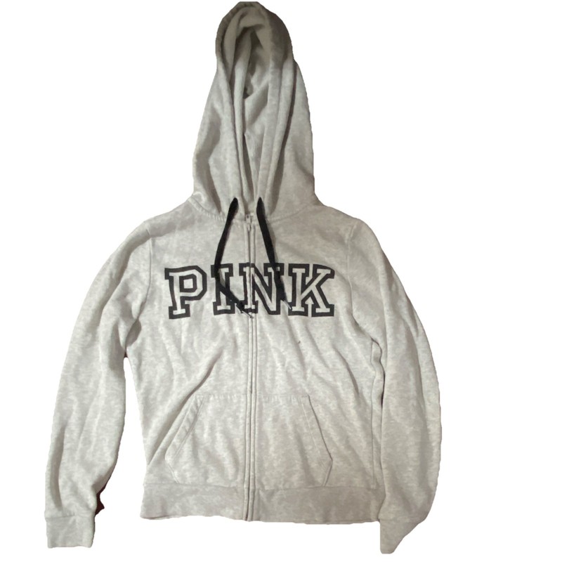 Victoria’s Secret PINK Women’s Gray Full Zip Hoodie M Fleece Cotton Blend Logo