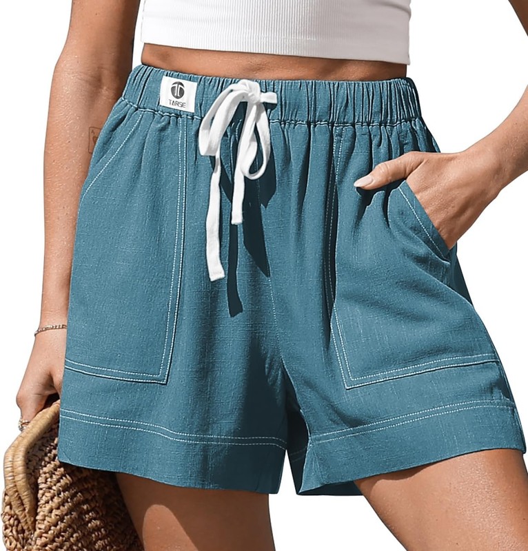 Women’s Linen Casual Shorts Contrast Stitching Summer Drawstring High Waisted…
