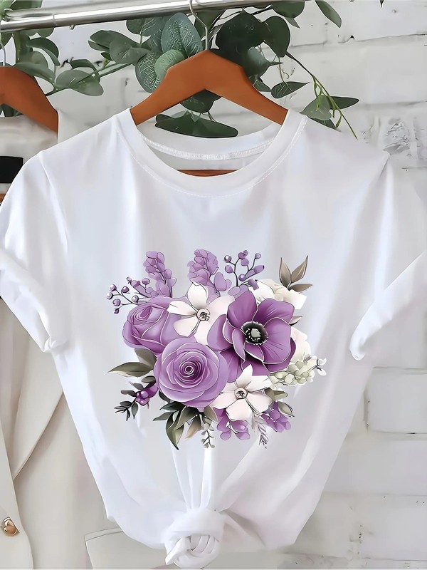 Women’s Lavender Rose Floral Graphic T-Shirt Boho Casual Summer Tee Top