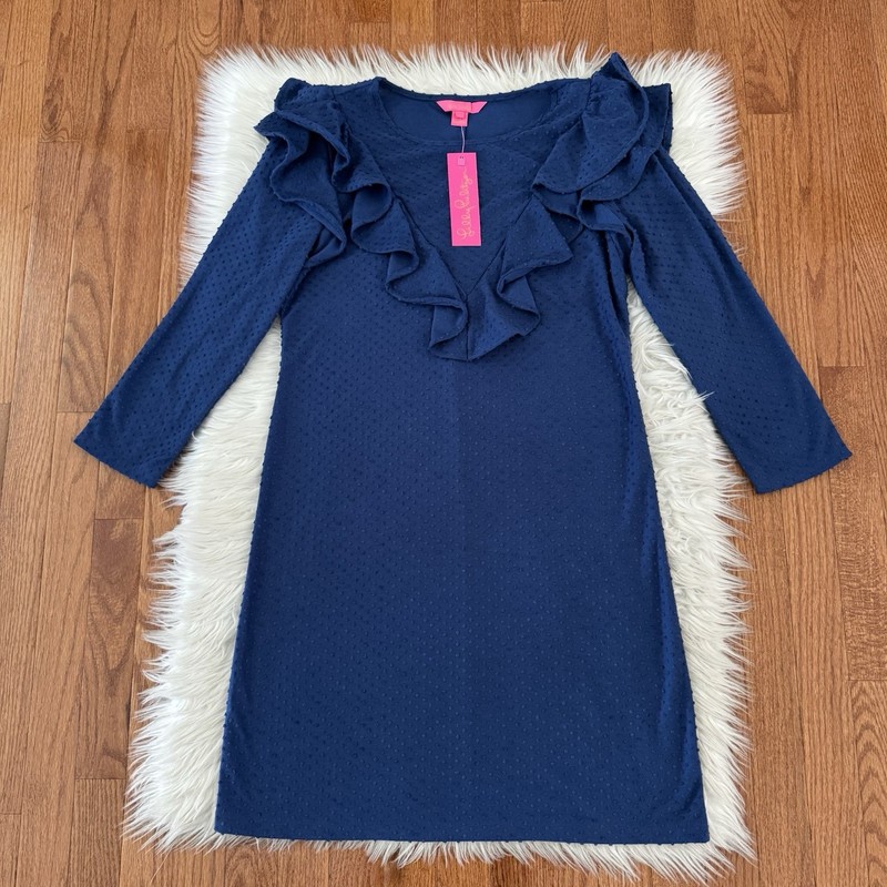 Lilly Pulitzer Dress Women’s Medium Navy Blue Swiss Dot Ruffle Long Sleeve NWT