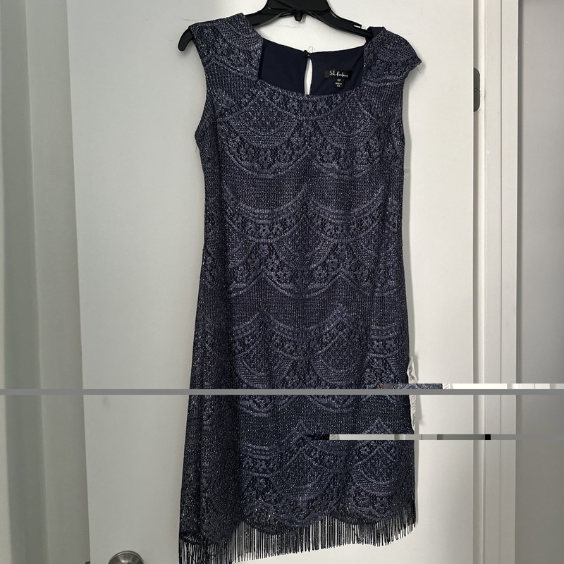 Women’s Slightly Cap Sleeveless Dressy Dress, Size 10P, Navy With Silver Threads