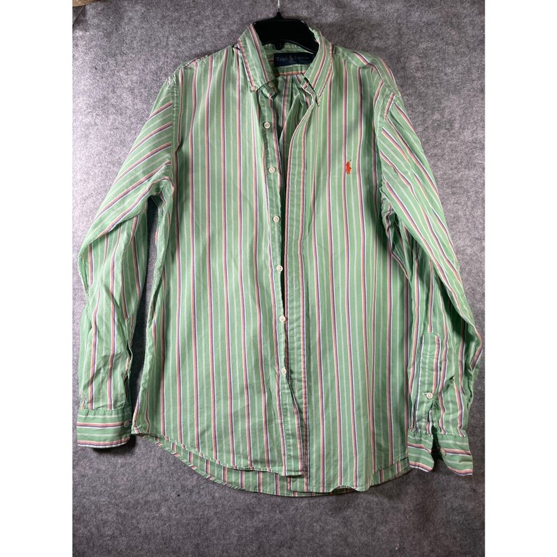 Ralph Lauren Mens Green Striped Oxford Button Down Shirt Size M Long Sleeve