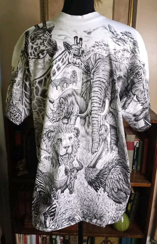 Vintage 90s Signal Sports African Safari Animals, L Shirt, White, Black