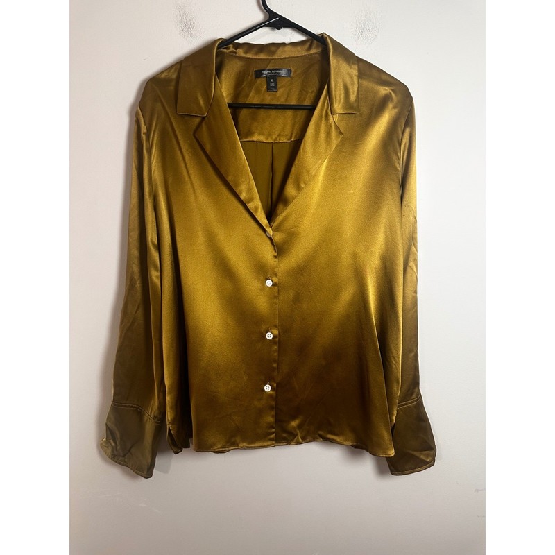 Banana Republic 100% Silk Charmeuse Resort Shirt Golden Olive Bronze XL 746044